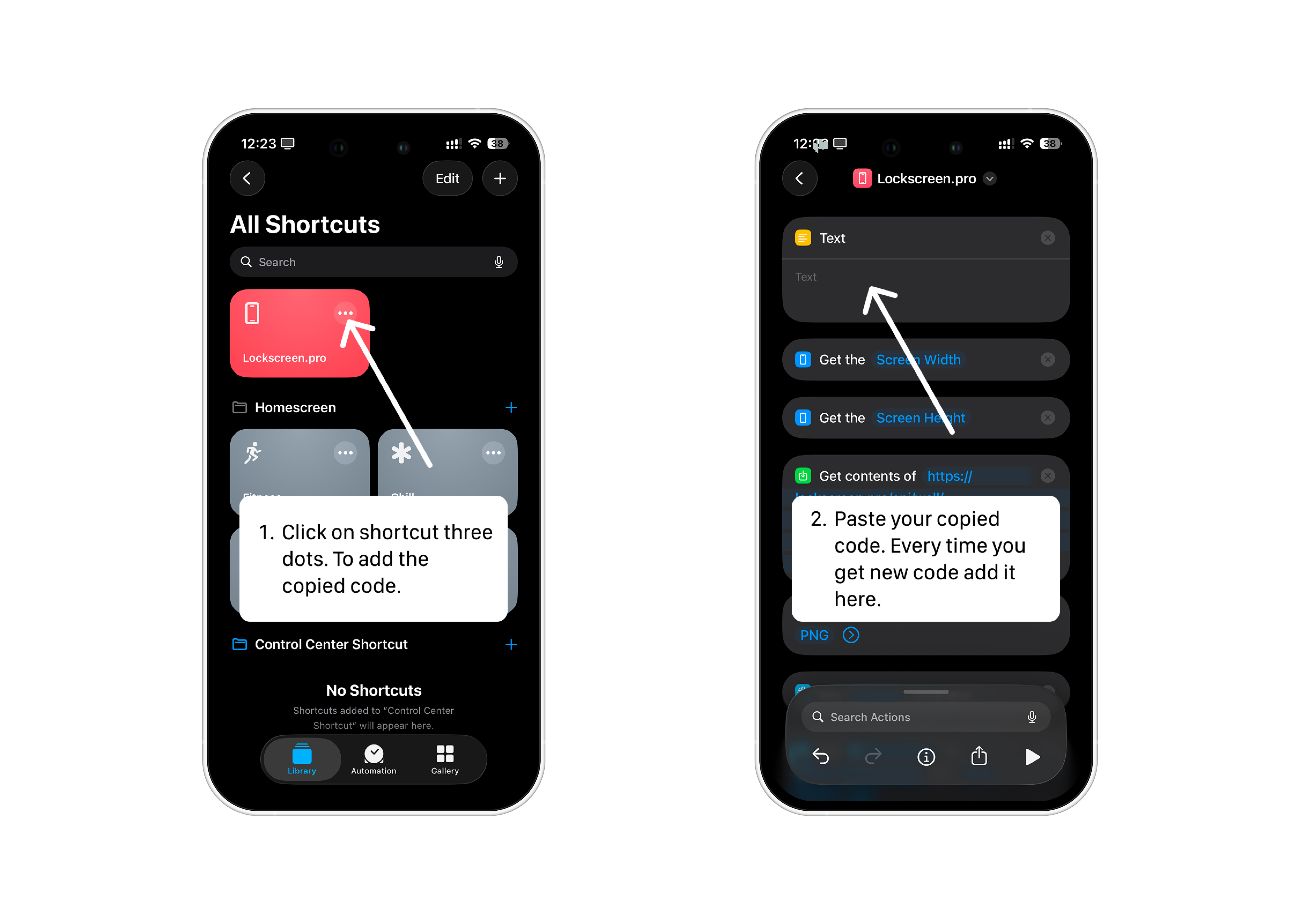 Open the shortcut editor and paste your new wallpaper code into the first Text field.
